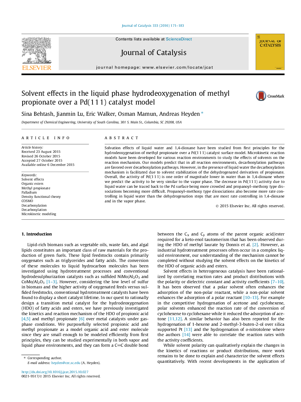 Solvent effects in the liquid phase hydrodeoxygenation of methyl propionate over a Pd(1 1 1) catalyst model