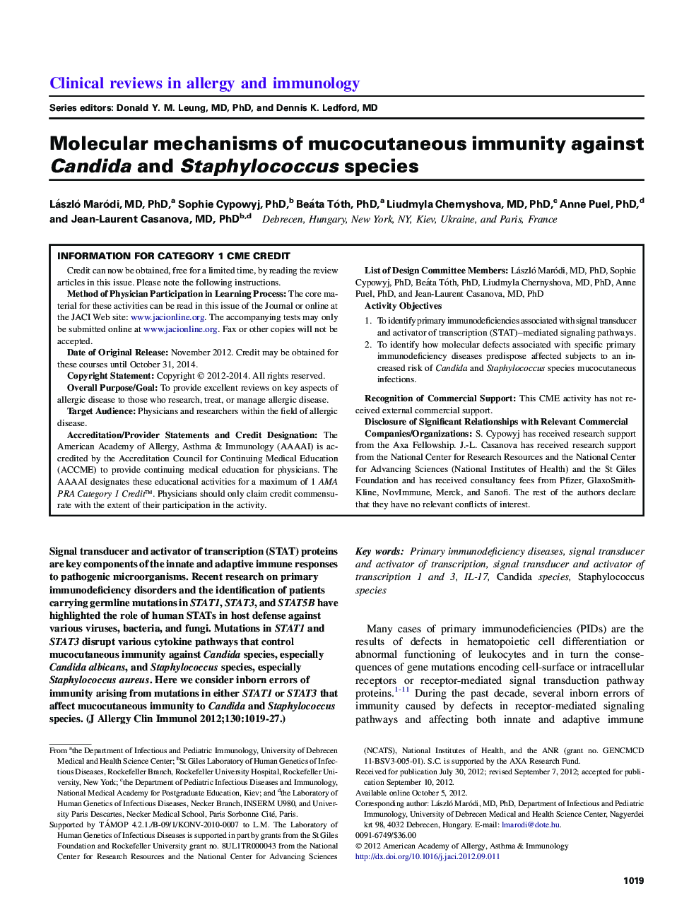 Reviews and feature articleMolecular mechanisms of mucocutaneous immunity against Candida and Staphylococcus species