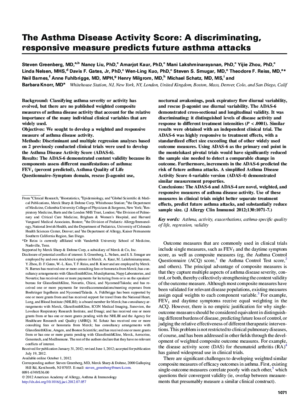 Asthma and lower airway diseaseThe Asthma Disease Activity Score: A discriminating, responsive measure predicts future asthma attacks