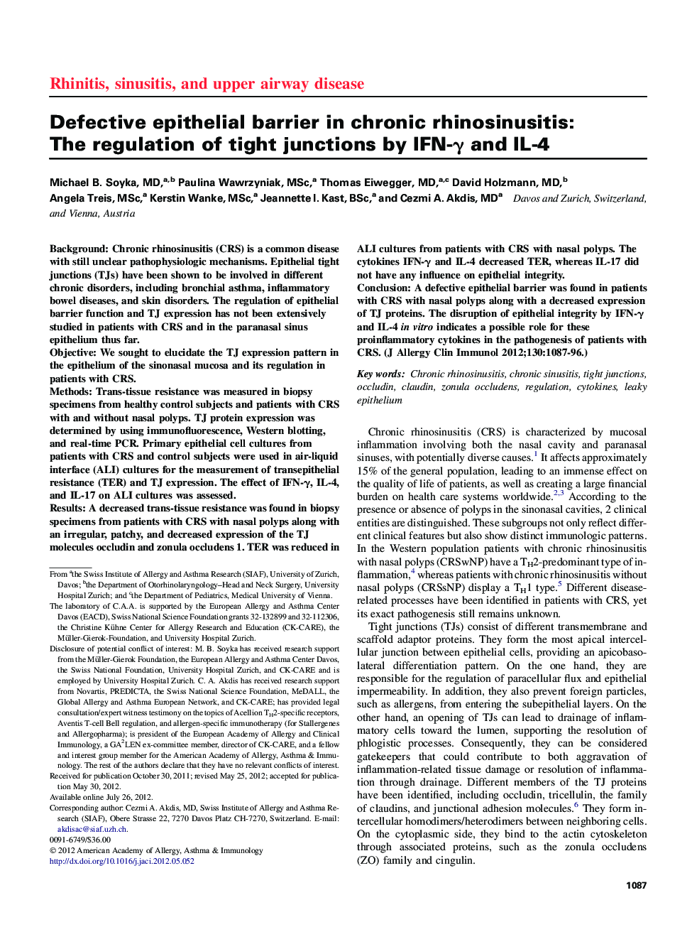 Defective epithelial barrier in chronic rhinosinusitis: The regulation of tight junctions by IFN-Î³ and IL-4