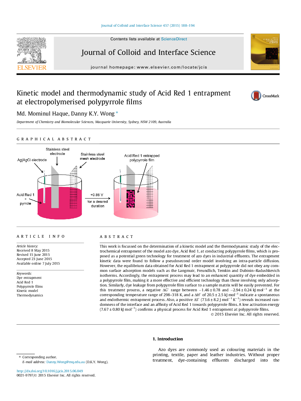 مدل سینتیکی و مطالعه ترمودینامیکی جذب اسید قرمز 1 در فیلم پلی پیلر الکترو پلیمر 
