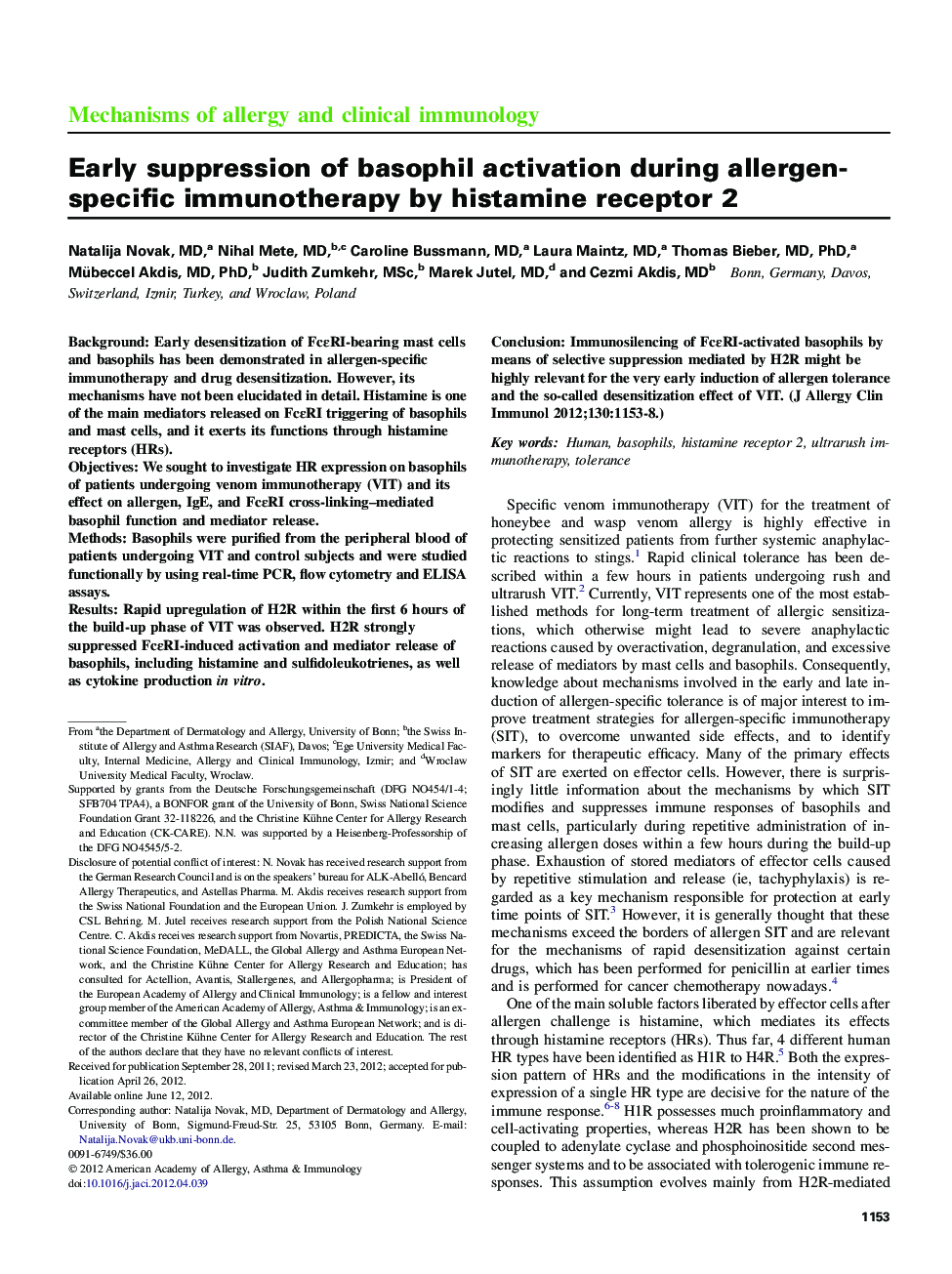 Early suppression of basophil activation during allergen-specific immunotherapy by histamine receptor 2