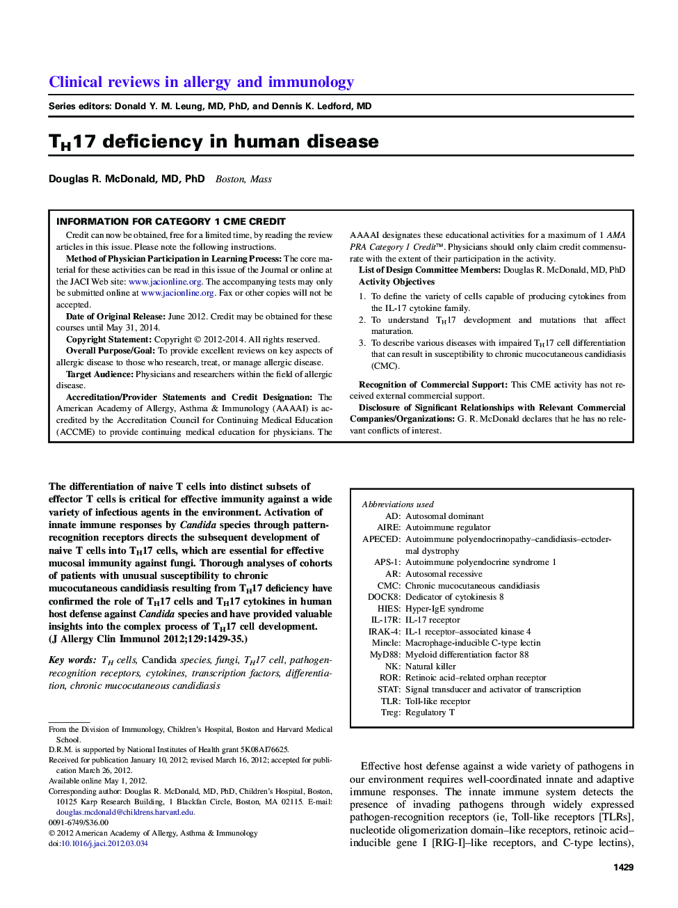 TH17 deficiency in human disease