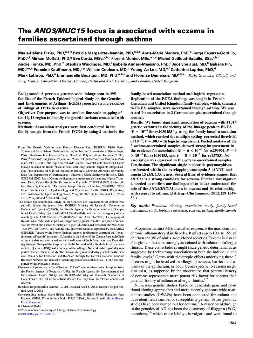 The ANO3/MUC15 locus is associated with eczema in families ascertained through asthma