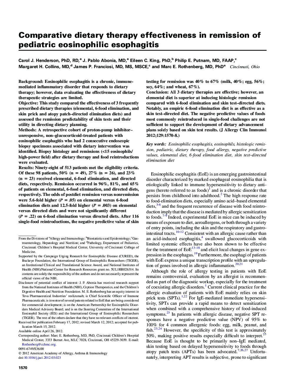 Food, drug, insect sting allergy, and anaphylaxisComparative dietary therapy effectiveness in remission of pediatric eosinophilic esophagitis