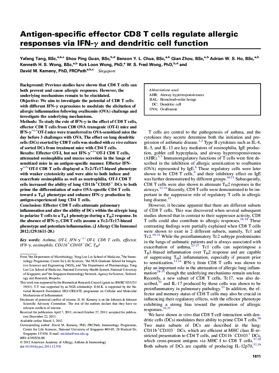 Mechanisms of allergy and clinical immunologyAntigen-specific effector CD8 T cells regulate allergic responses via IFN-Î³ and dendritic cell function