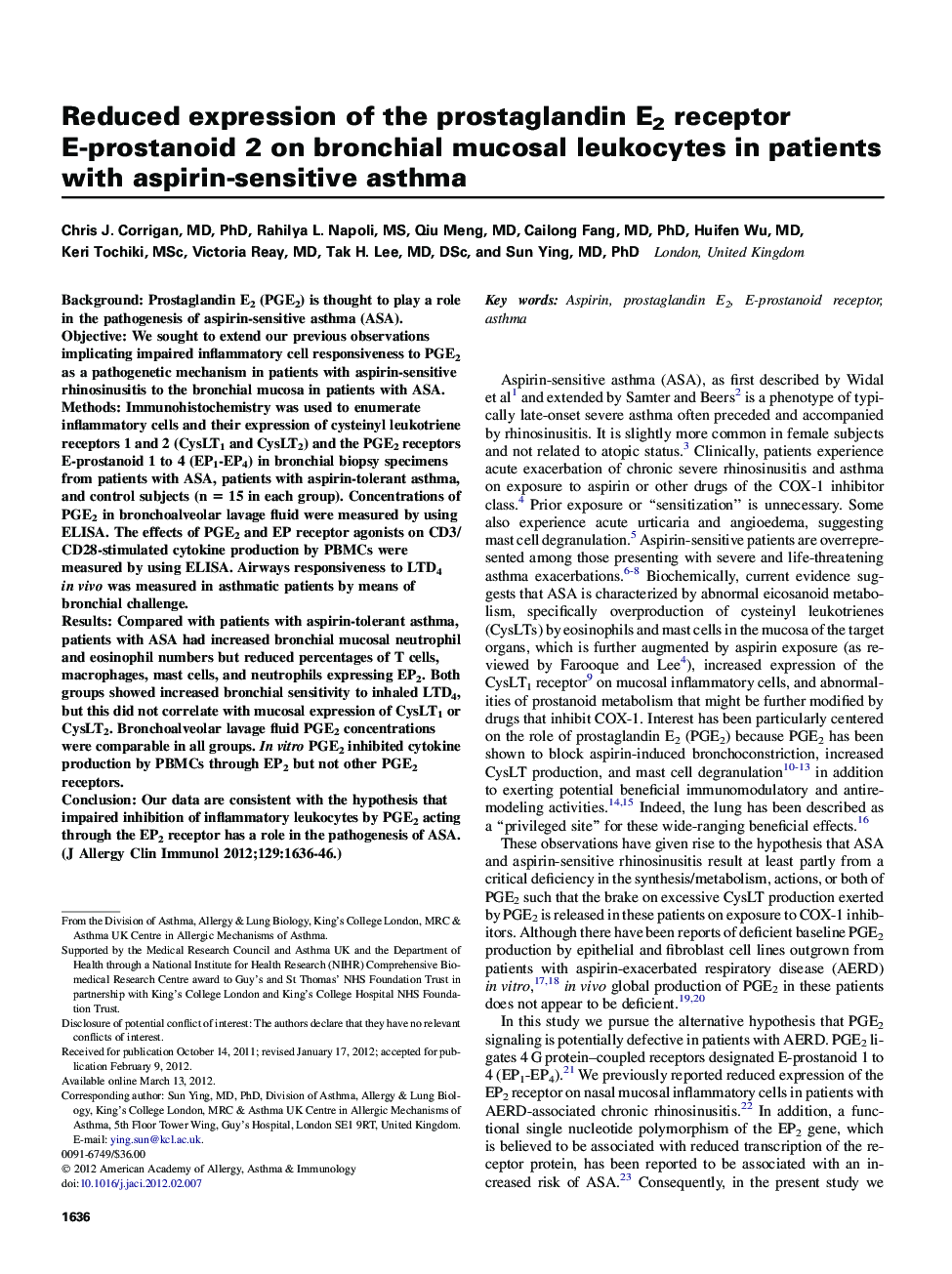 Reduced expression of the prostaglandin E2 receptor E-prostanoid 2 on bronchial mucosal leukocytes in patients with aspirin-sensitive asthma