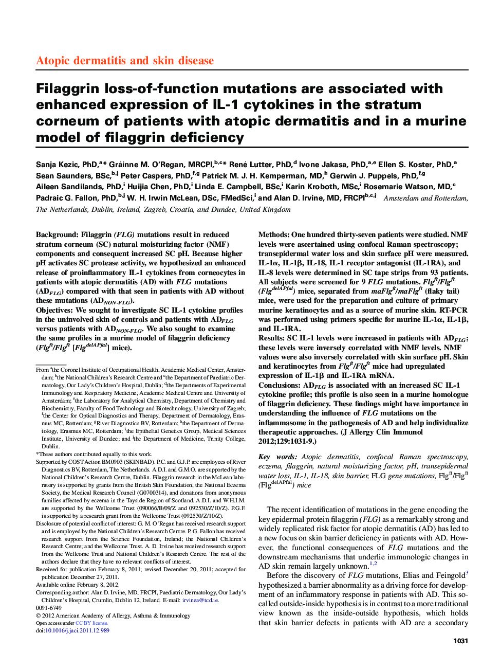 Atopic dermatitis and skin diseaseFilaggrin loss-of-function mutations are associated with enhanced expression of IL-1 cytokines in the stratum corneum of patients with atopic dermatitis and in a murine model of filaggrin deficiency