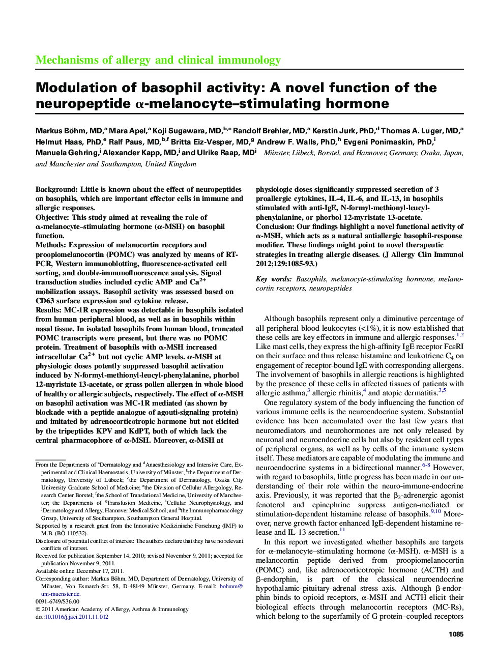 Mechanisms of allergy and clinical immunologyModulation of basophil activity: AÂ novel function of the neuropeptide Î±-melanocyte-stimulating hormone