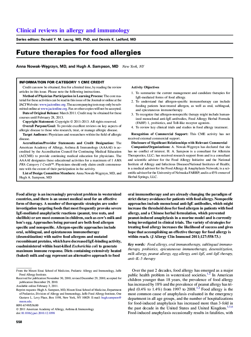 Future therapies for food allergies