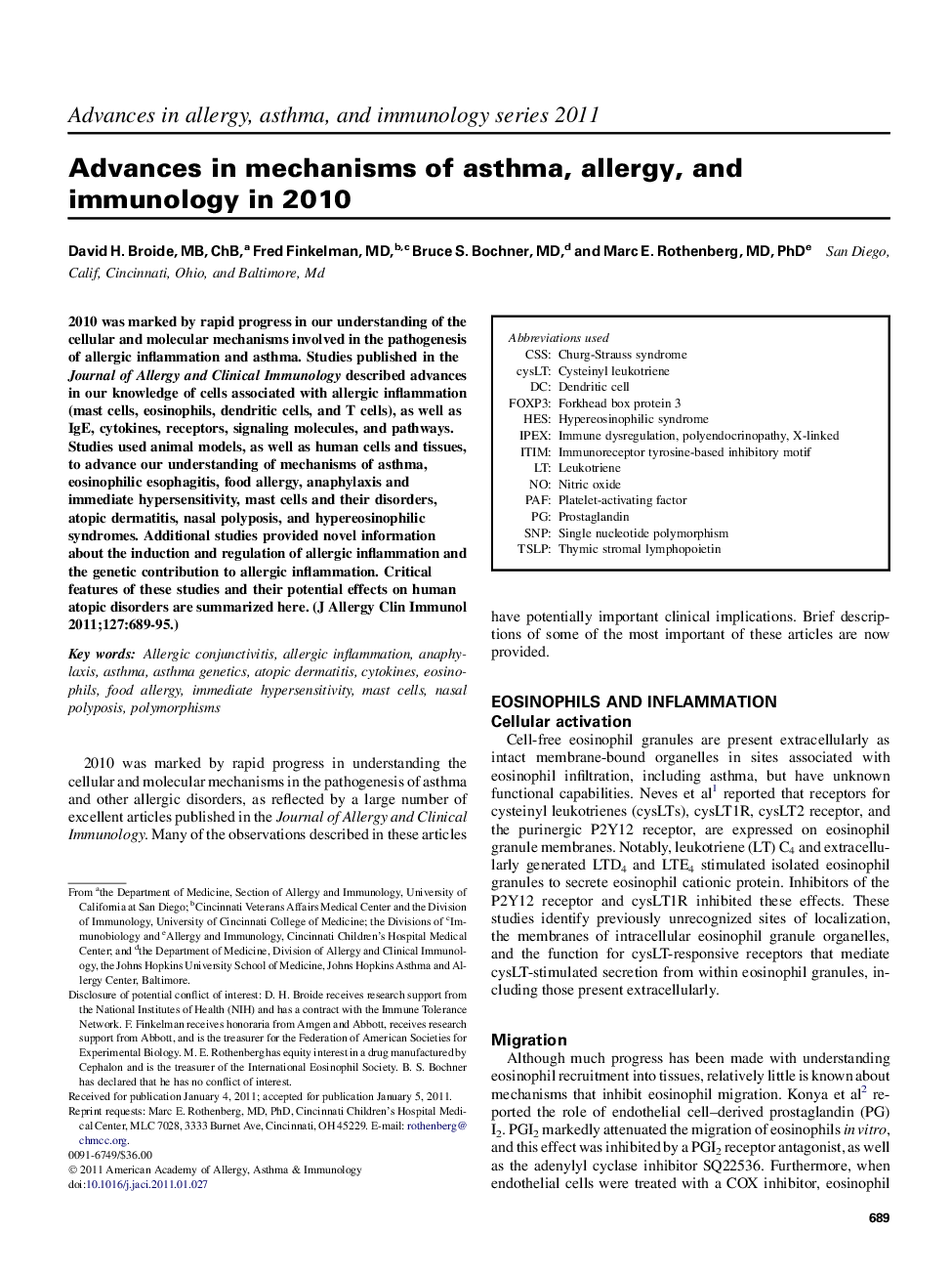 Advances in mechanisms of asthma, allergy, and immunology in 2010