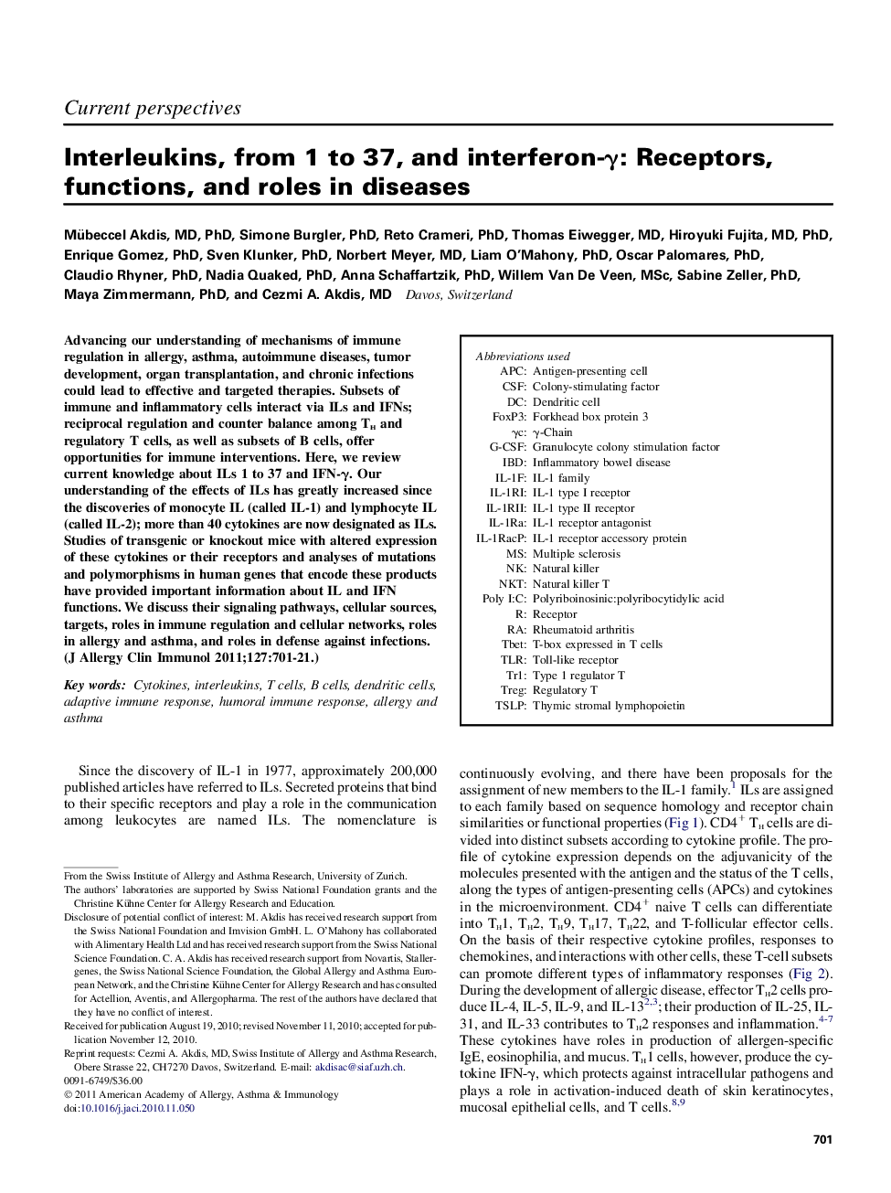 Interleukins, from 1 to 37, and interferon-Î³: Receptors, functions, and roles in diseases