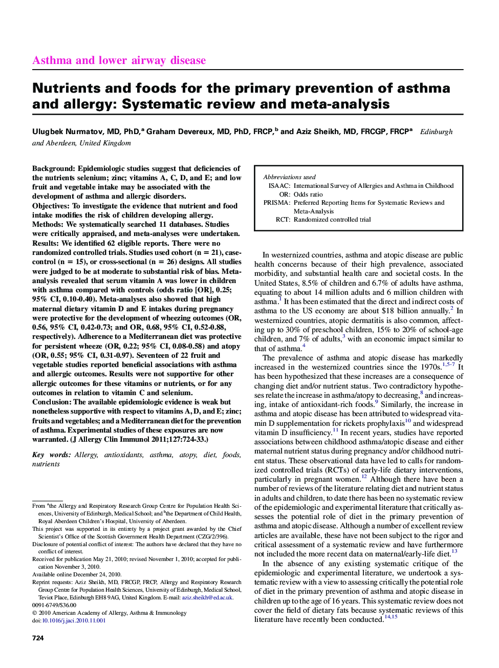 Nutrients and foods for the primary prevention of asthma and allergy: Systematic review and meta-analysis