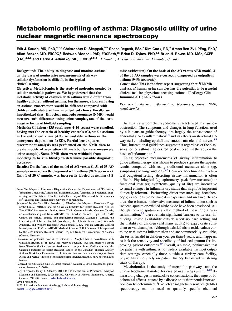 Metabolomic profiling of asthma: Diagnostic utility of urine nuclear magnetic resonance spectroscopy