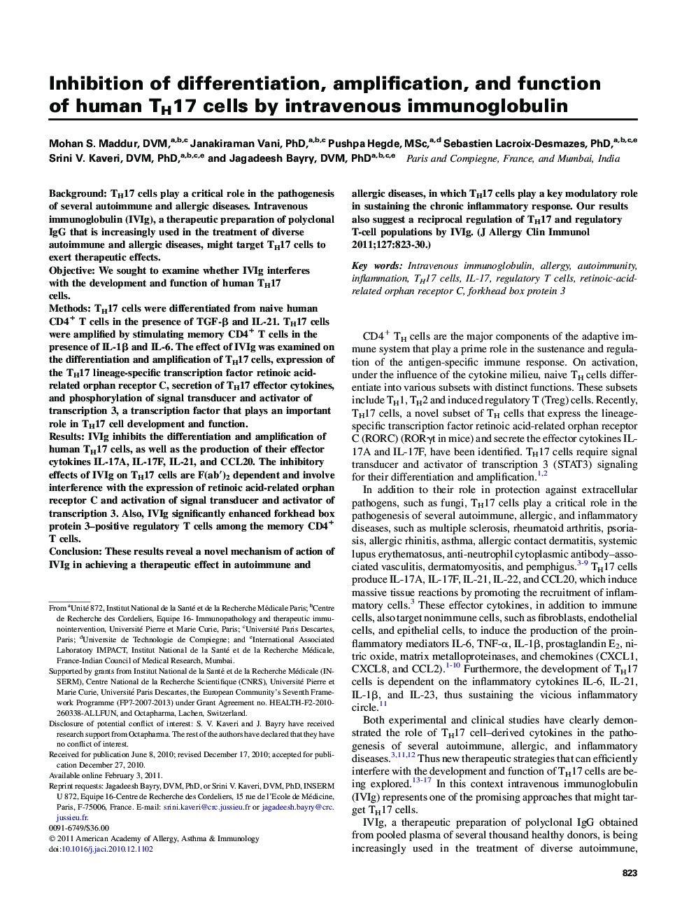 Inhibition of differentiation, amplification, and function of human TH17 cells by intravenous immunoglobulin