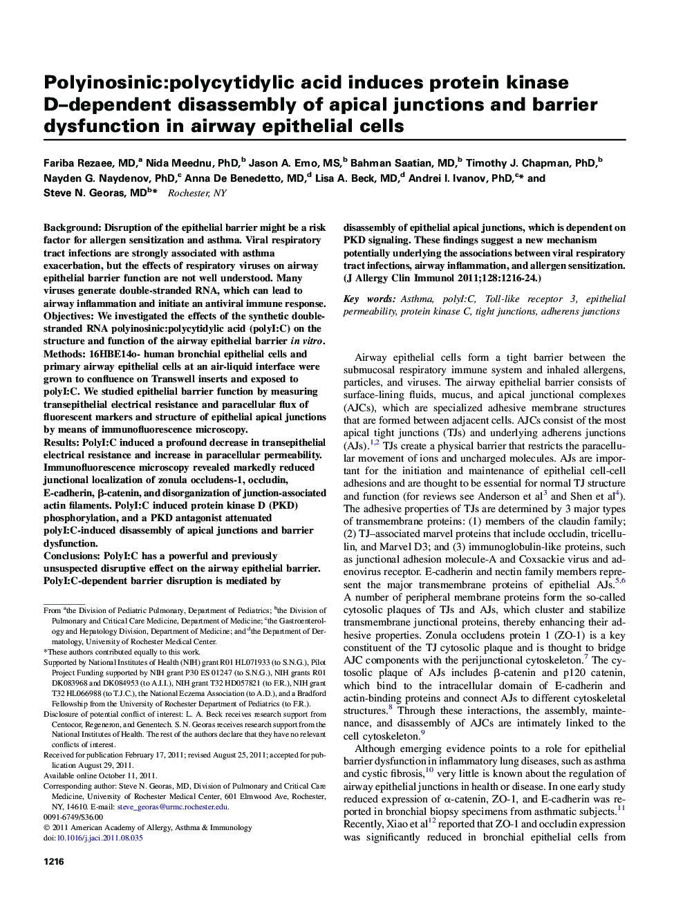 Rhinitis, sinusitis, and upper airway diseasePolyinosinic:polycytidylic acid induces protein kinase D-dependent disassembly of apical junctions and barrier dysfunction in airway epithelial cells