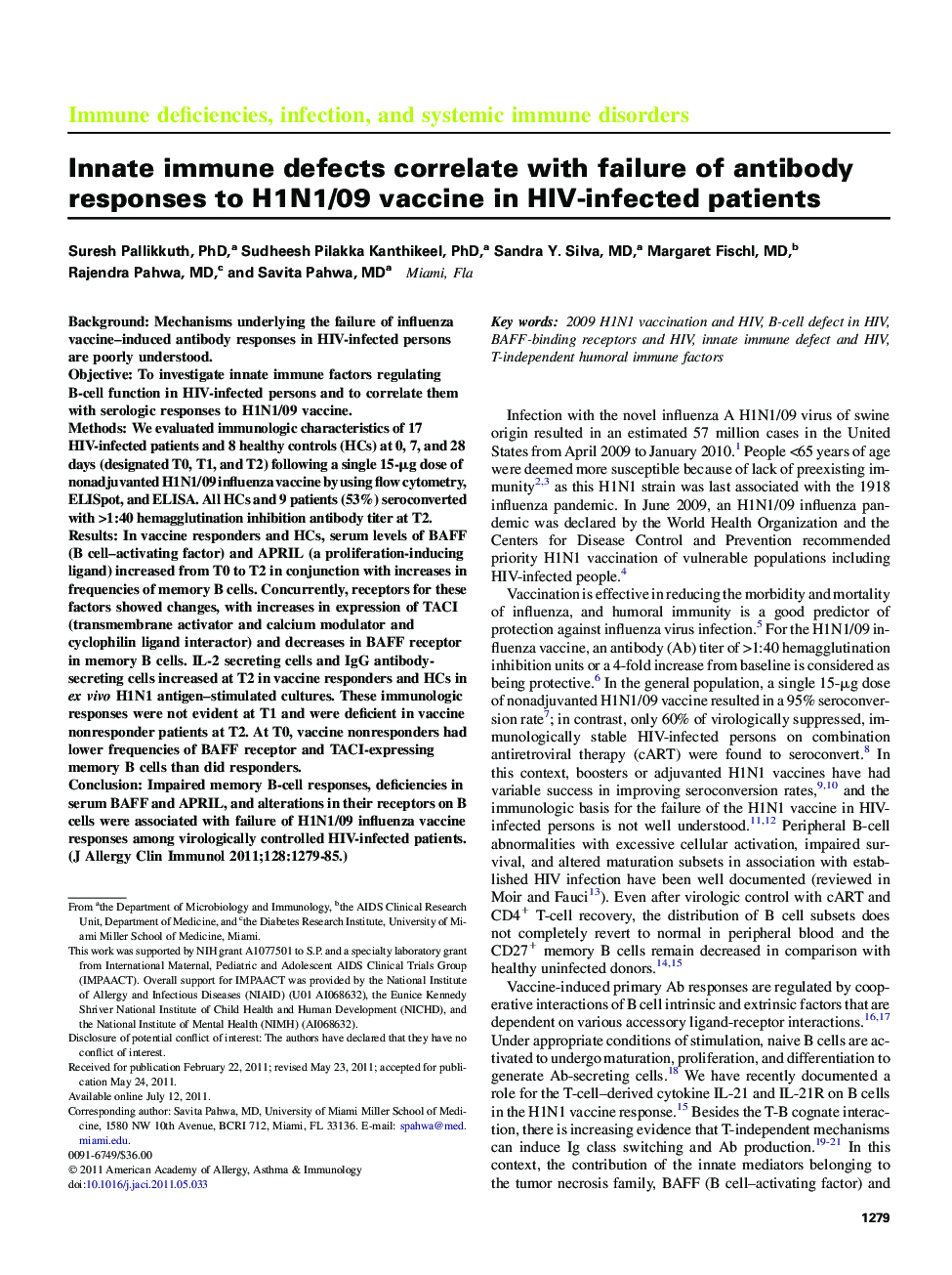 Innate immune defects correlate with failure of antibody responses to H1N1/09 vaccine in HIV-infected patients