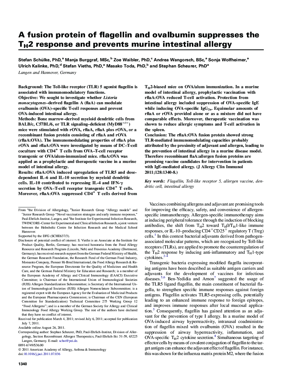 Mechanisms of allergy and clinical immunologyA fusion protein of flagellin and ovalbumin suppresses the TH2 response and prevents murine intestinal allergy