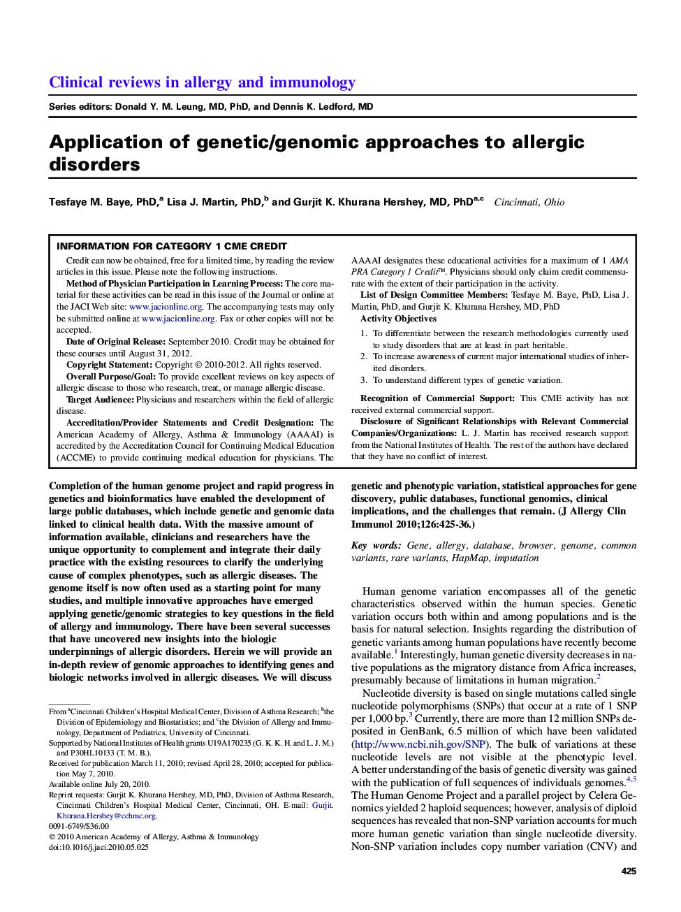 Application of genetic/genomic approaches to allergic disorders