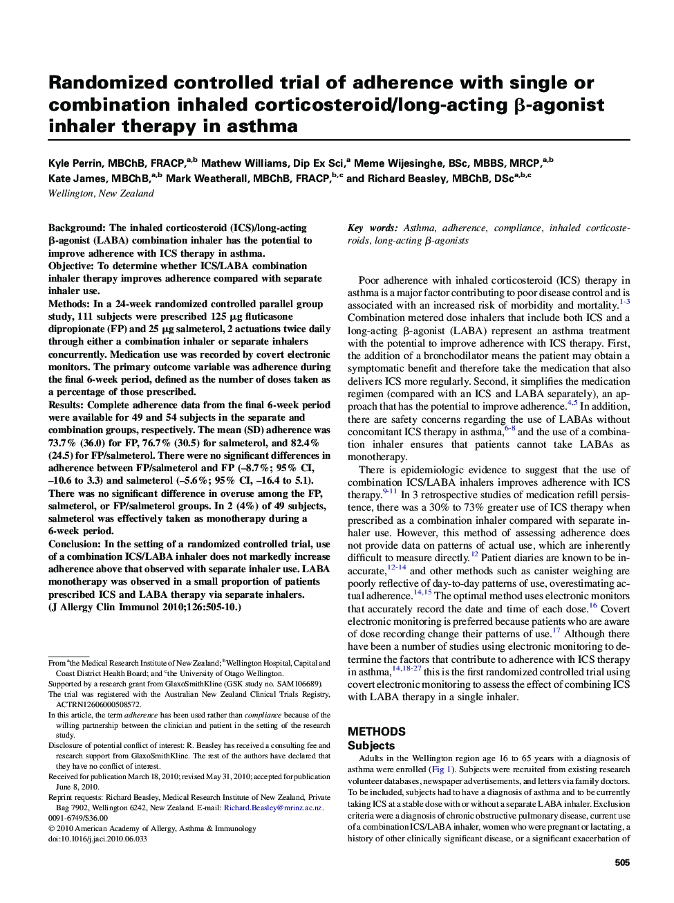 Randomized controlled trial of adherence with single or combination inhaled corticosteroid/long-acting Î²-agonist inhaler therapy in asthma