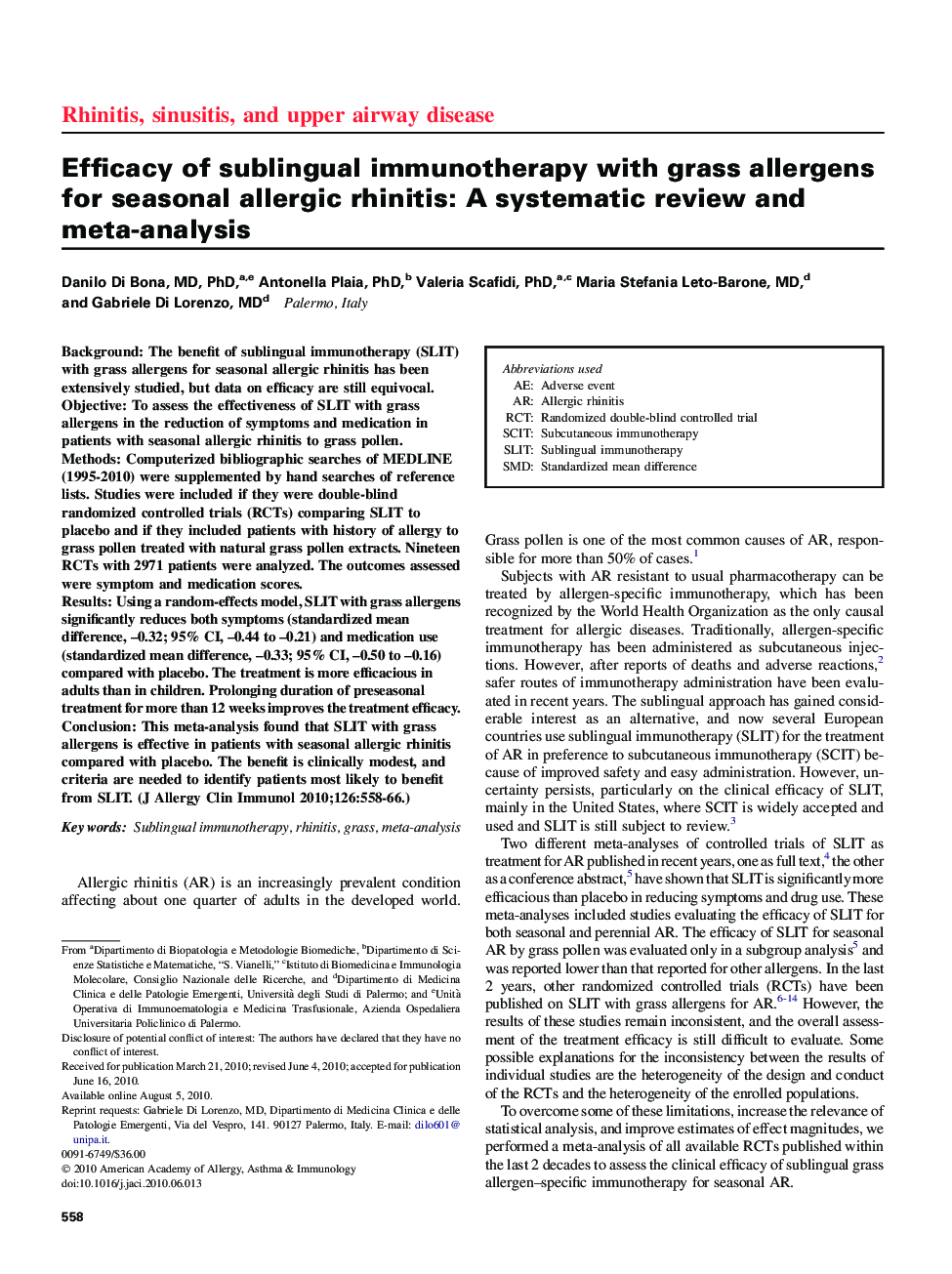 Rhinitis, sinusitis, and upper airway diseaseEfficacy of sublingual immunotherapy with grass allergens for seasonal allergic rhinitis: AÂ systematic review and meta-analysis