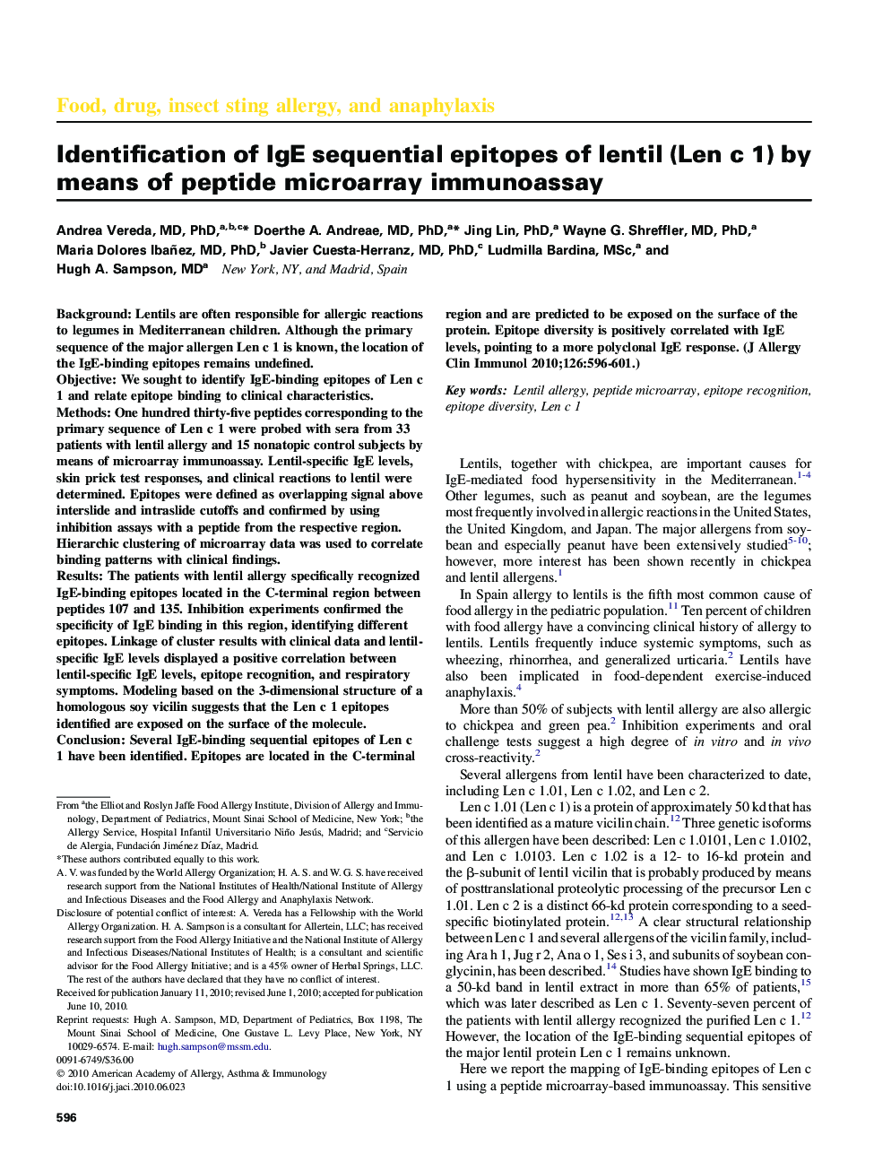 Identification of IgE sequential epitopes of lentil (Len c 1) by means of peptide microarray immunoassay