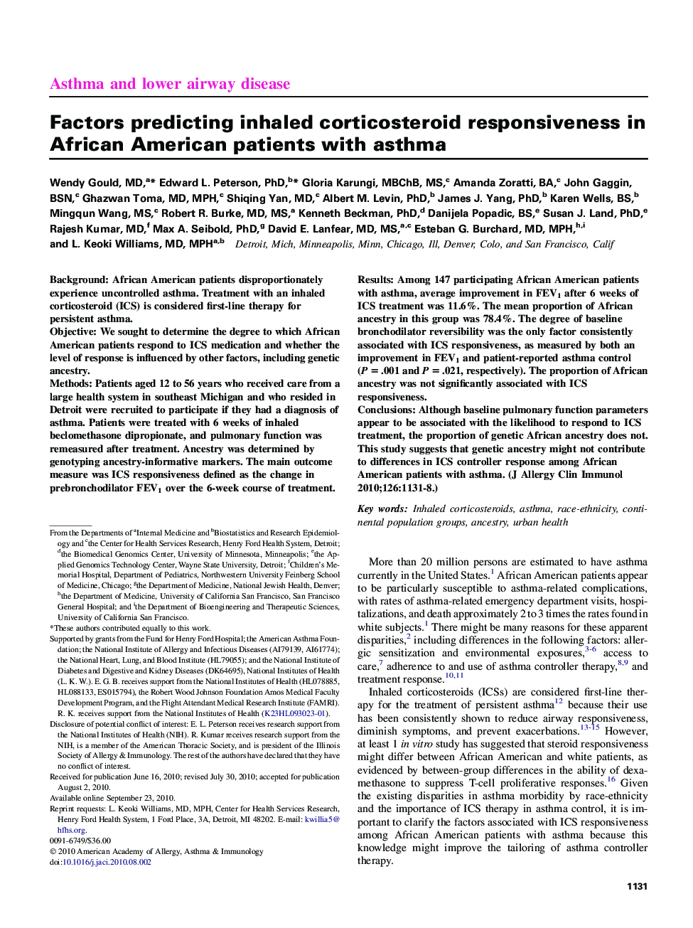 Asthma and lower airway diseaseFactors predicting inhaled corticosteroid responsiveness in African American patients with asthma