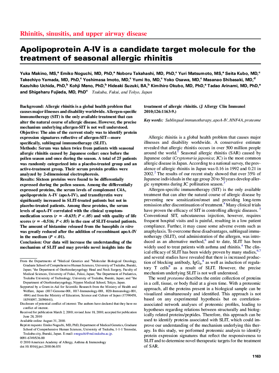 Apolipoprotein A-IV is a candidate target molecule for the treatment of seasonal allergic rhinitis 