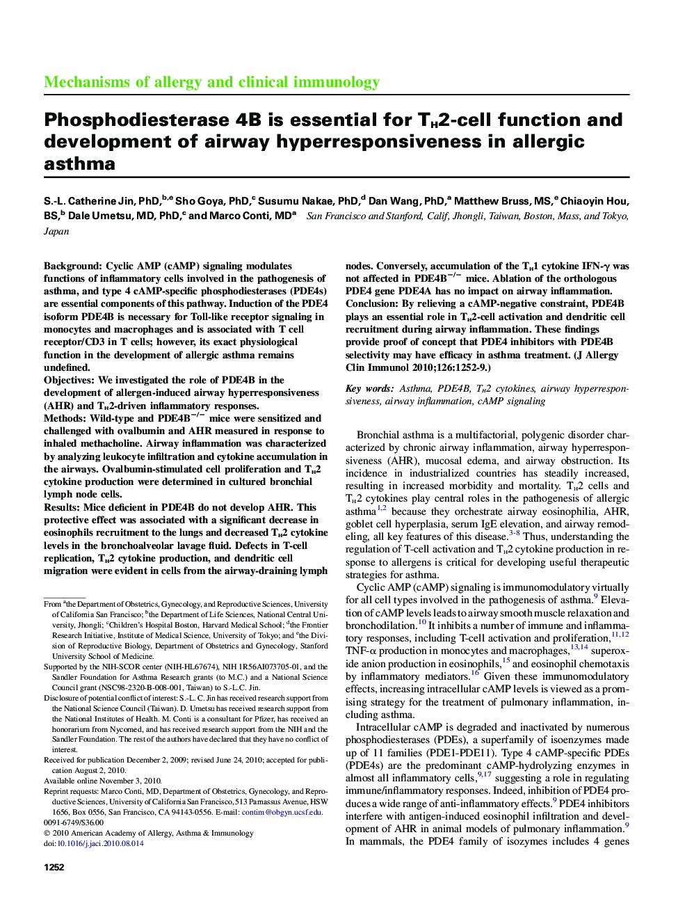 Mechanisms of allergy and clinical immunologyPhosphodiesterase 4B is essential for TH2-cell function and development of airway hyperresponsiveness in allergic asthma