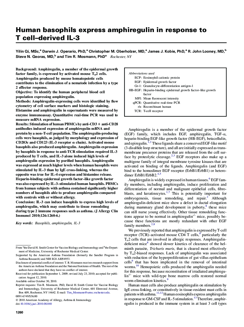 Human basophils express amphiregulin in response to T cell-derived IL-3