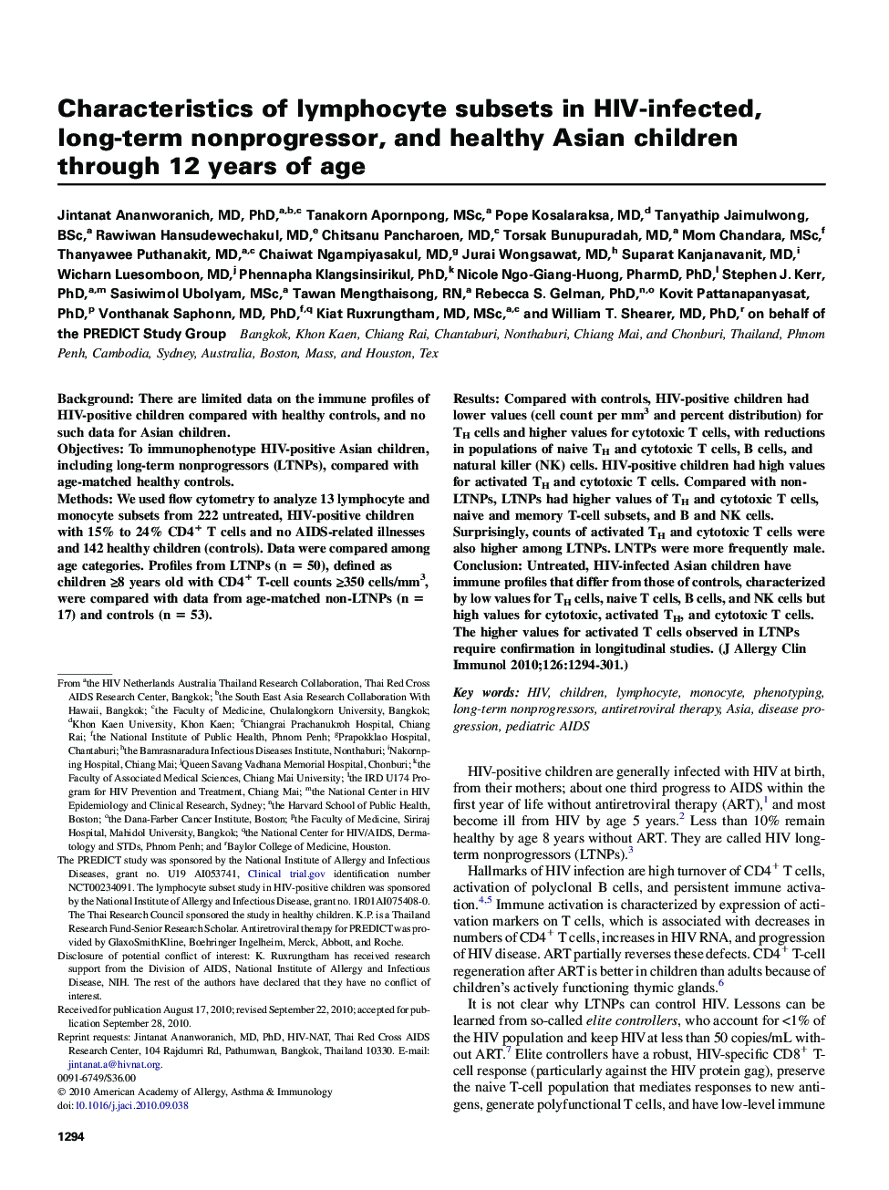 Mechanisms of allergy and clinical immunologyCharacteristics of lymphocyte subsets in HIV-infected, long-term nonprogressor, and healthy Asian children through 12Â years of age