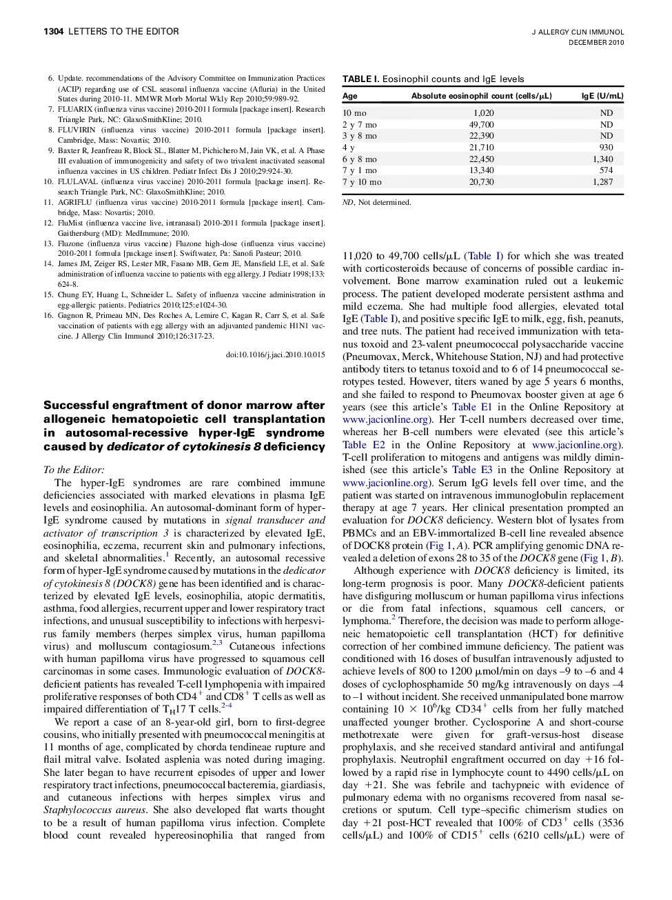 Successful engraftment of donor marrow after allogeneic hematopoietic cell transplantation in autosomal-recessive hyper-IgE syndrome caused by dedicator of cytokinesis 8 deficiency