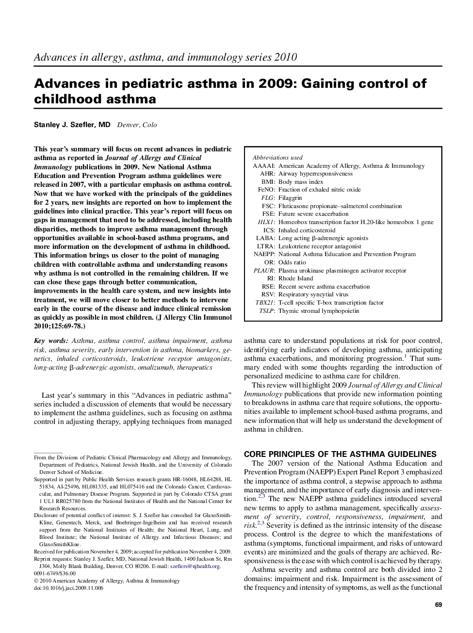 Reviews and feature articleAdvances in pediatric asthma in 2009: Gaining control of childhood asthma