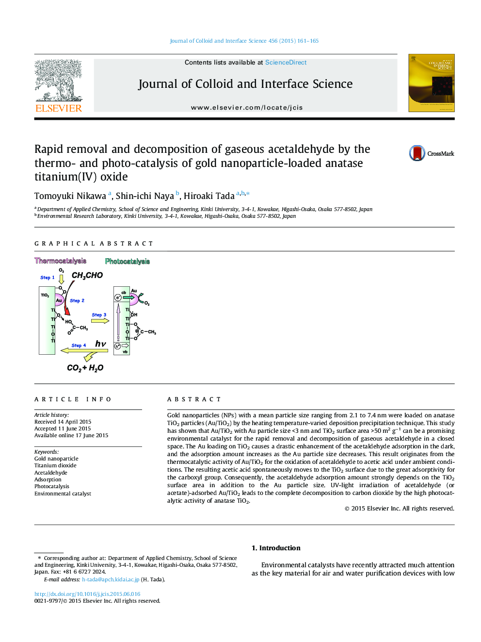 Rapid removal and decomposition of gaseous acetaldehyde by the thermo- and photo-catalysis of gold nanoparticle-loaded anatase titanium(IV) oxide