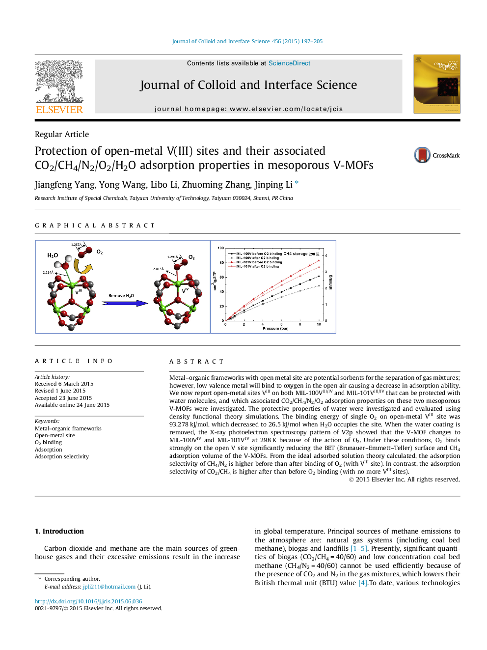 Protection of open-metal V(III) sites and their associated CO2/CH4/N2/O2/H2O adsorption properties in mesoporous V-MOFs