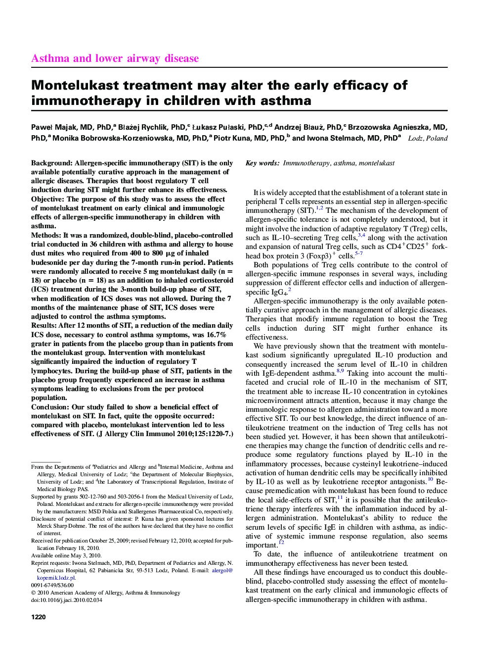 Asthma and lower airway diseaseMontelukast treatment may alter the early efficacy of immunotherapy in children with asthma