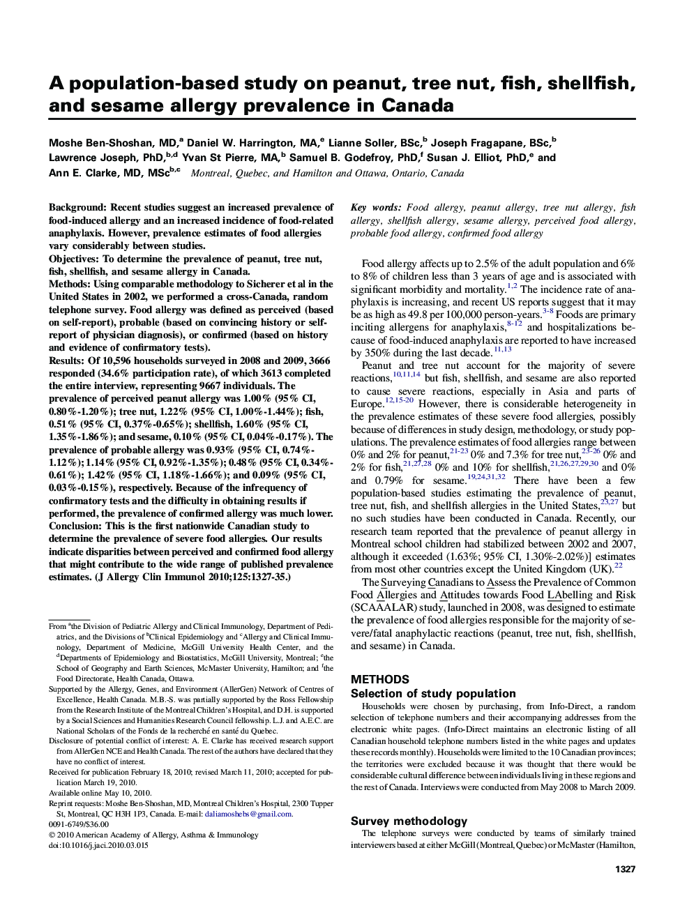 A population-based study on peanut, tree nut, fish, shellfish, and sesame allergy prevalence in Canada