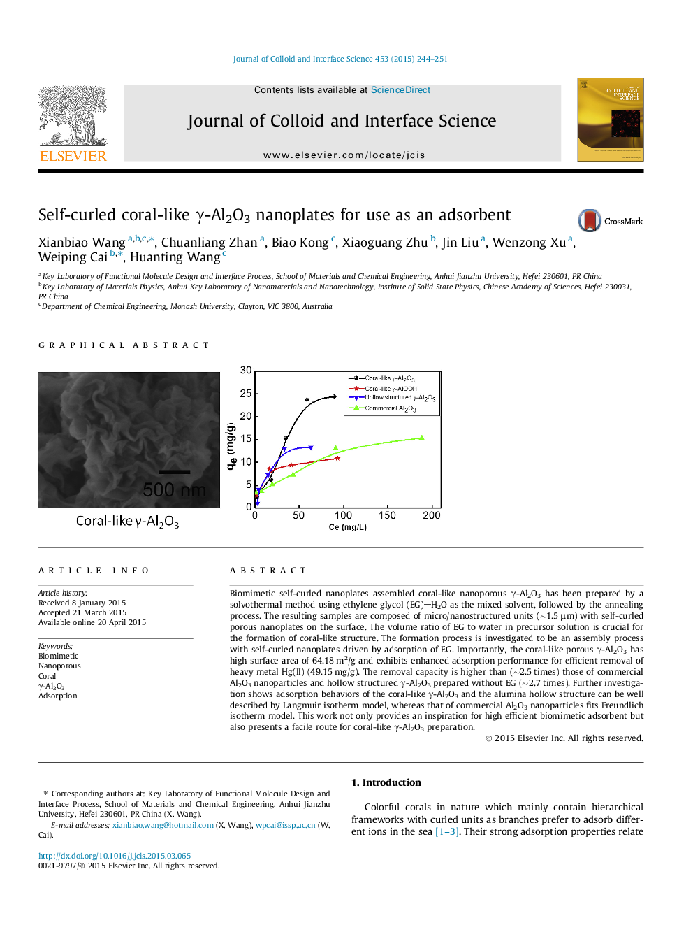 Self-curled coral-like γ-Al2O3 nanoplates for use as an adsorbent