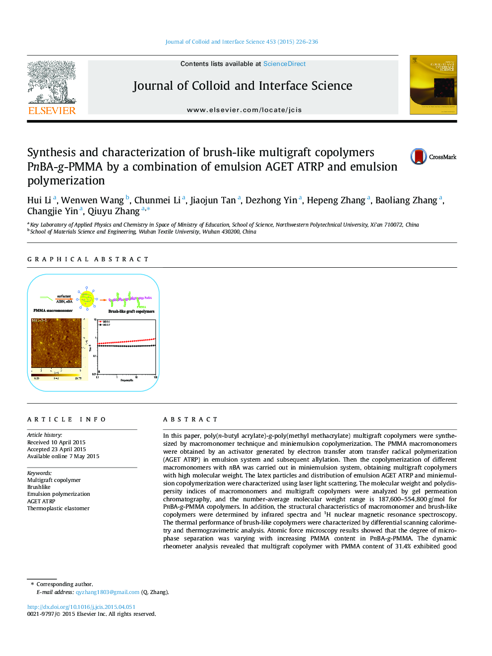 Synthesis and characterization of brush-like multigraft copolymers PnBA-g-PMMA by a combination of emulsion AGET ATRP and emulsion polymerization