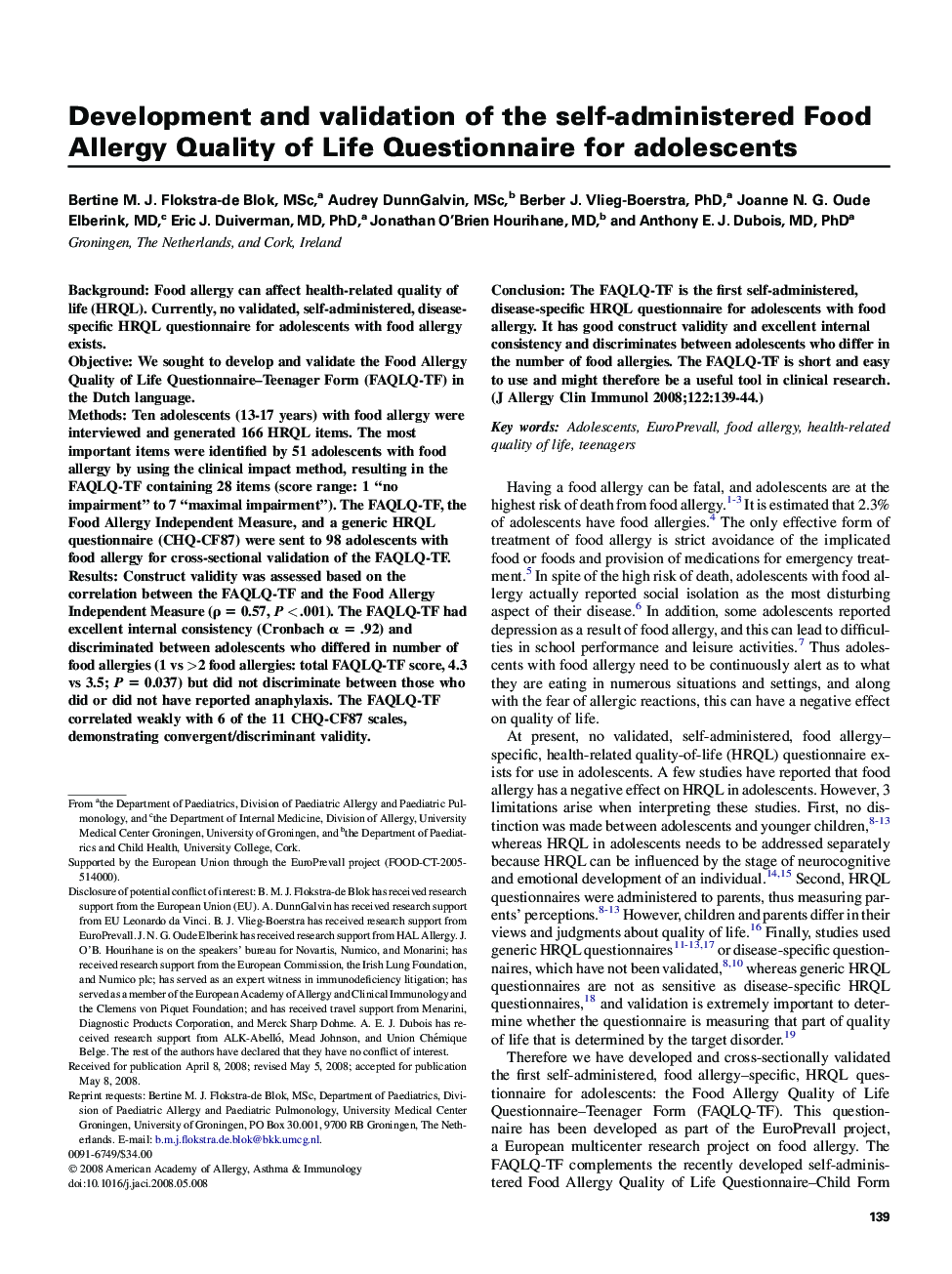 Development and validation of the self-administered Food Allergy Quality of Life Questionnaire for adolescents