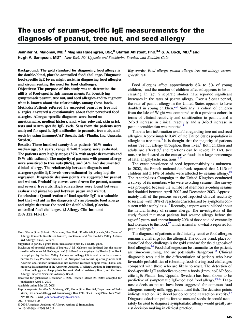 The use of serum-specific IgE measurements for the diagnosis of peanut, tree nut, and seed allergy