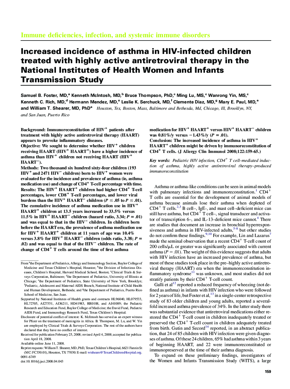 Increased incidence of asthma in HIV-infected children treated with highly active antiretroviral therapy in the National Institutes of Health Women and Infants Transmission Study