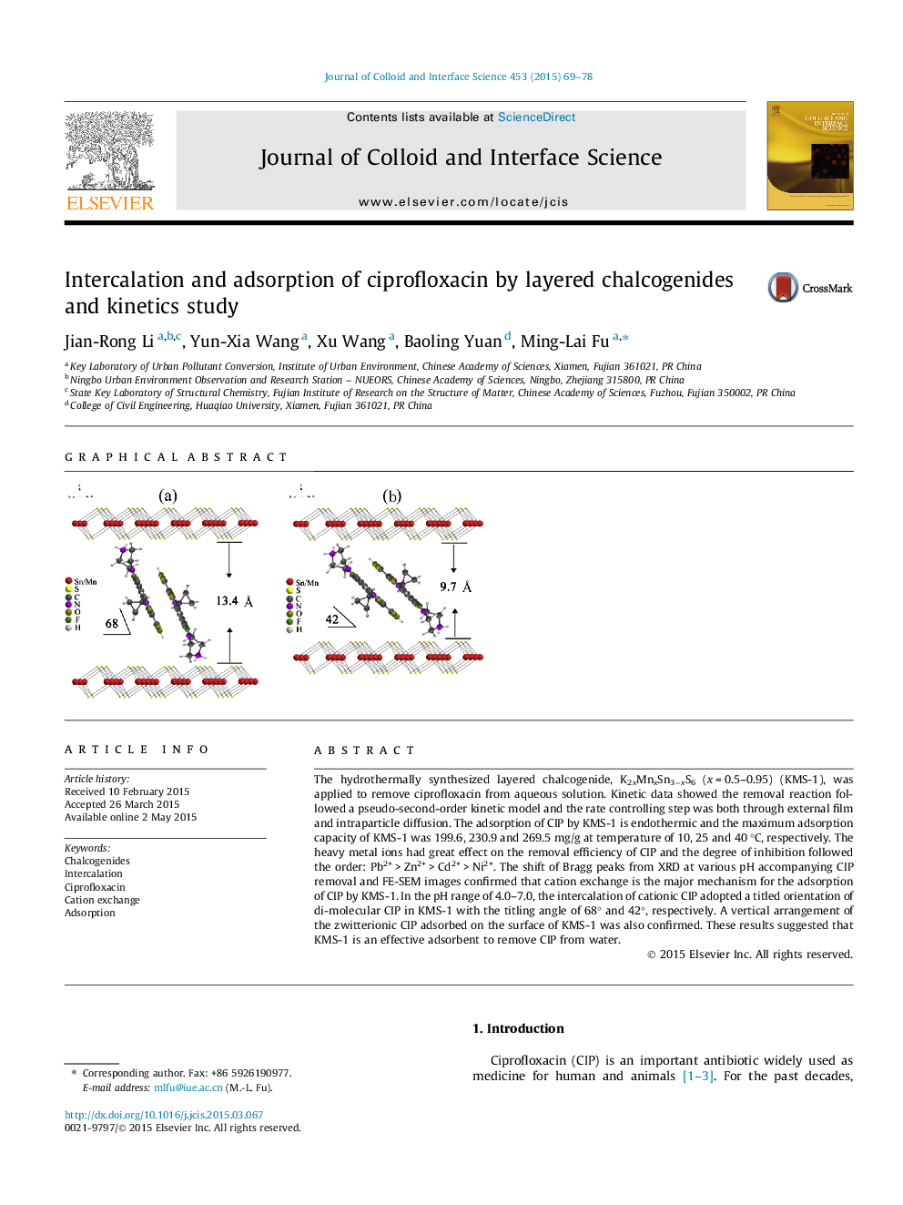 Intercalation and adsorption of ciprofloxacin by layered chalcogenides and kinetics study