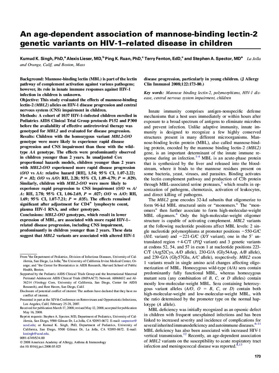 An age-dependent association of mannose-binding lectin-2 genetic variants on HIV-1-related disease in children