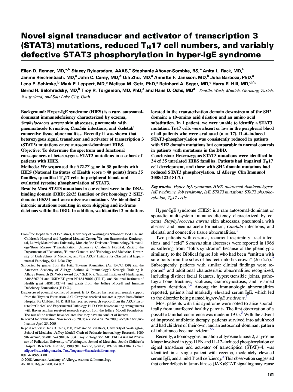 Immune deficiencies, infection, and systemic immune disordersNovel signal transducer and activator of transcription 3 (STAT3) mutations, reduced TH17 cell numbers, and variably defective STAT3 phosphorylation in hyper-IgE syndrome