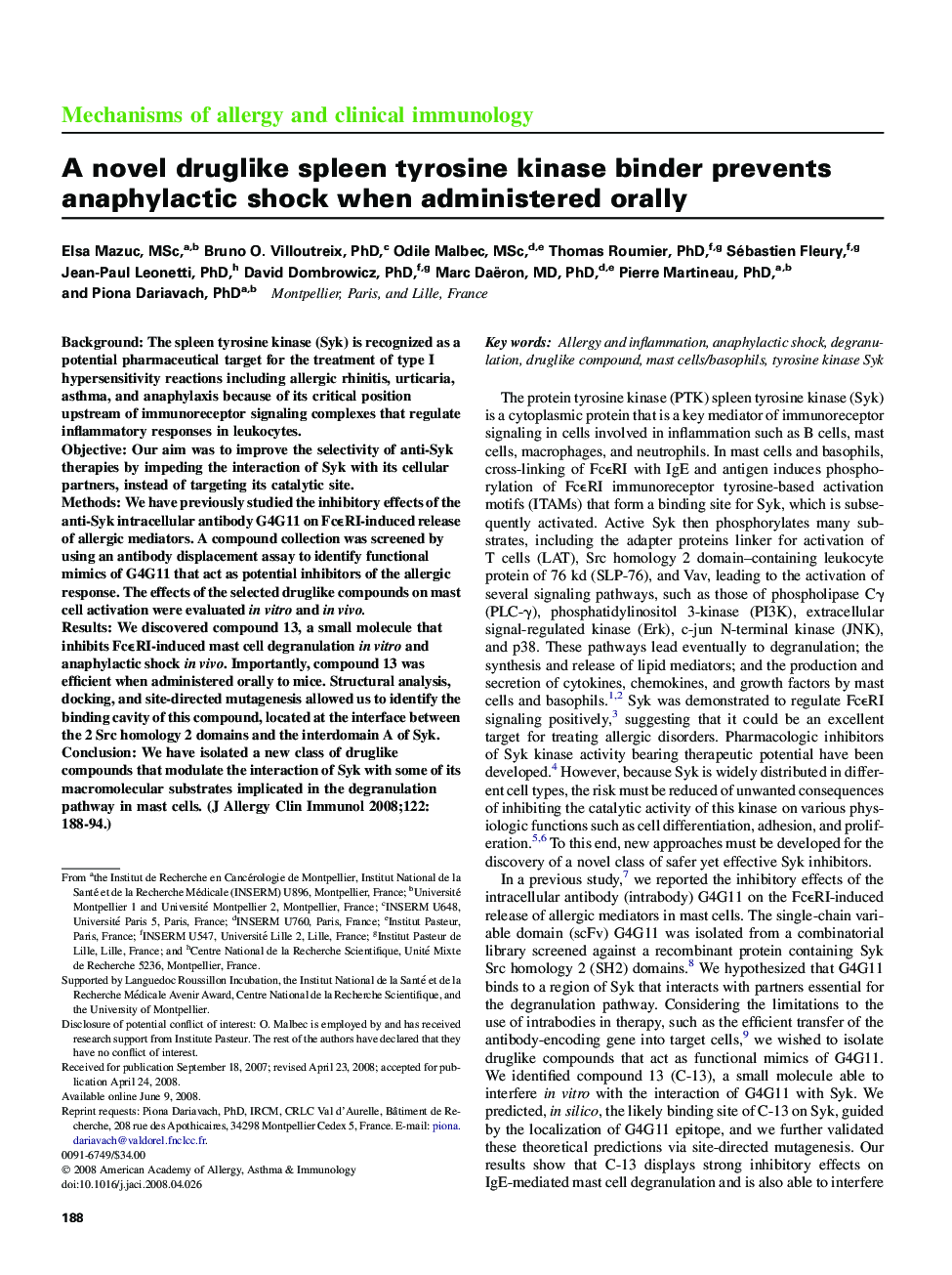 A novel druglike spleen tyrosine kinase binder prevents anaphylactic shock when administered orally