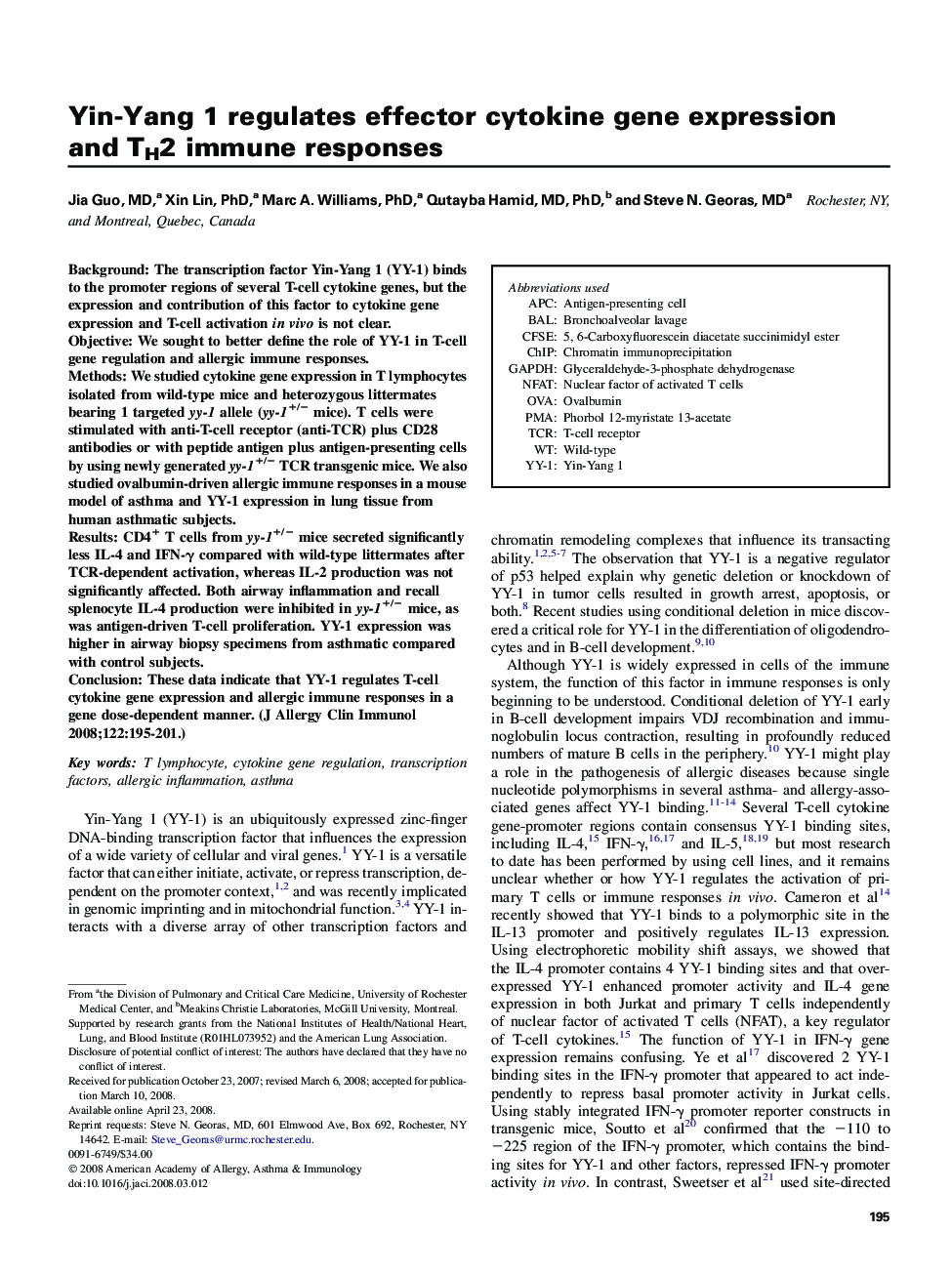 Yin-Yang 1 regulates effector cytokine gene expression and TH2 immune responses