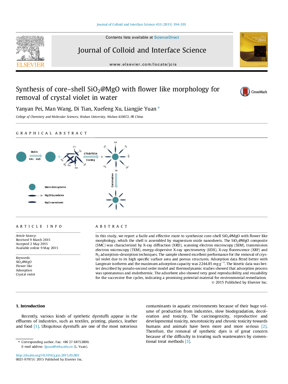 عکس صفحه اول مقاله: Synthesis of core-shell SiO2@MgO with flower like morphology for removal of crystal violet in water Synthesis of core-shell SiO2@MgO with flower like morphology for removal of crystal violet in water