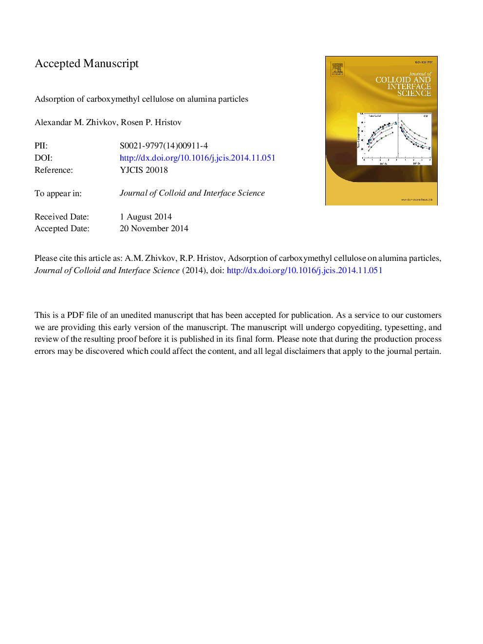 Adsorption of carboxymethyl cellulose on alumina particles