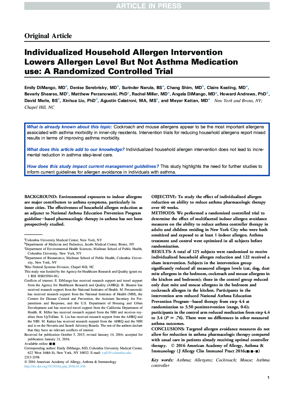 Individualized Household Allergen Intervention Lowers Allergen Level But Not Asthma Medication Use: A Randomized Controlled Trial